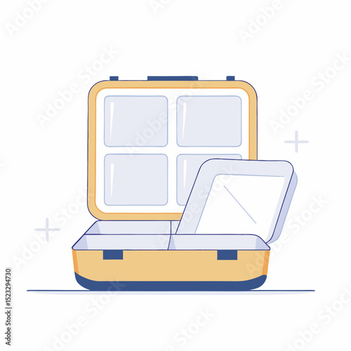 A yellow suitcase with a white and blue handle is opened to reveal a white and blue tray. The suitcase is empty and the tray is placed inside the suitcase