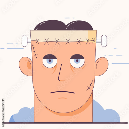 A man with a head injury is looking down. The image is a cartoon of a man with a head injury