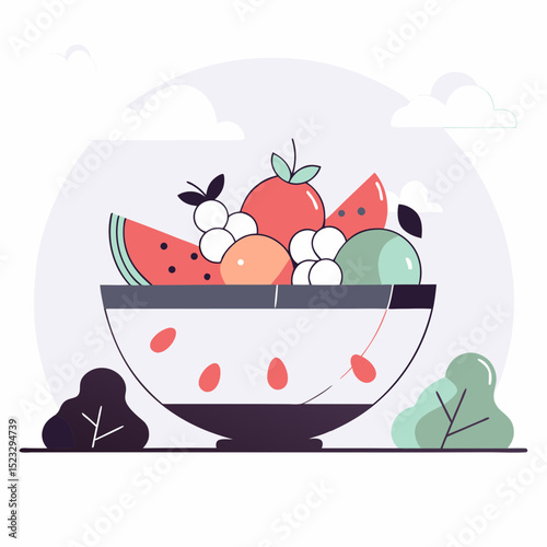 A bowl of fruit with a watermelon in the center. The bowl is full of fruit including apples, oranges, and bananas. The bowl is placed on a table with a green background