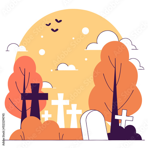 A graveyard with a large sun in the background. There are several crosses and a headstone. The sky is cloudy and the sun is setting