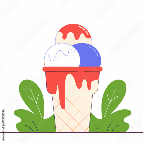 A cartoon drawing of an ice cream cone with three different colored ice cream scoops. The ice cream is dripping down the side of the cone, and the cone is sitting on a leafy green plant