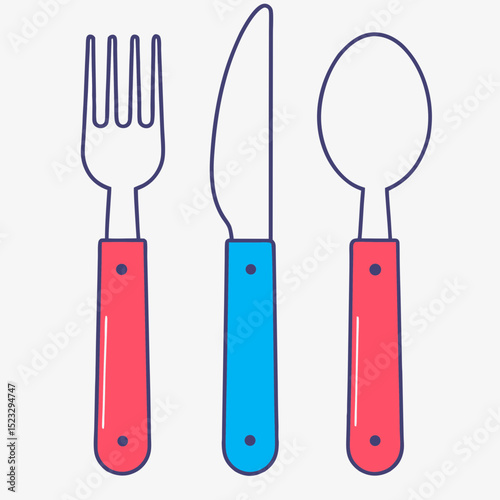 Three utensils, a fork, knife, and spoon, are shown in a red and blue color scheme