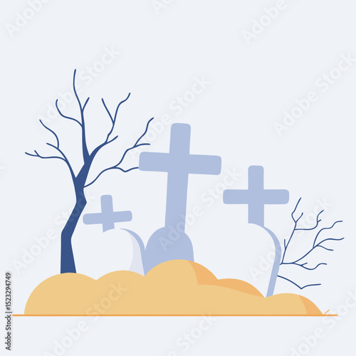 A graveyard with three crosses and a tree. The crosses are in a row and the tree is in the background
