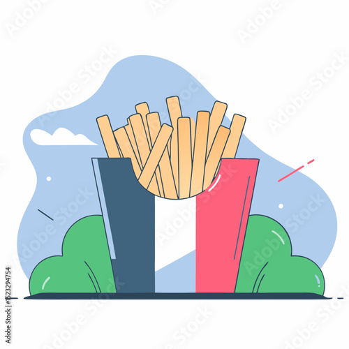 A cartoon of french fries in a box with a red and white border. The fries are arranged in a way that they look like they are ready to be eaten