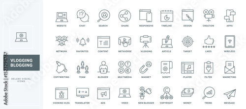 Internet trends thin black outline symbols vector illustration. Creation of video and article, responsive interface design to blog content, copyright protection to make money line icons set.