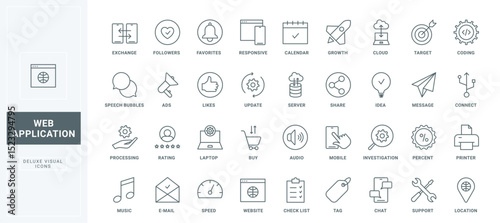 Outline applications with responsive interface for social media and messengers, search and buy digital music, cloud data exchange. Web app thin black and red line icons set vector illustration