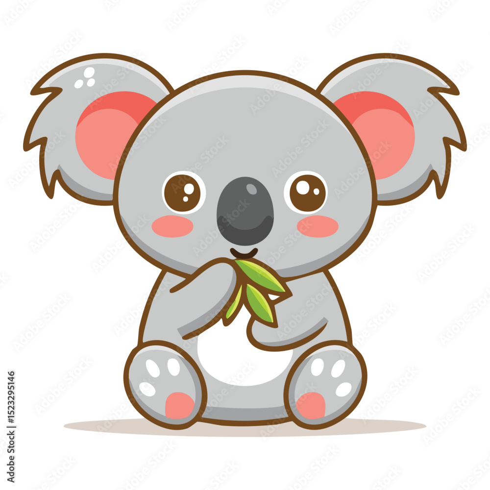Naklejka premium A Cute cartoon koala sitting and eating a leaf, illustration style