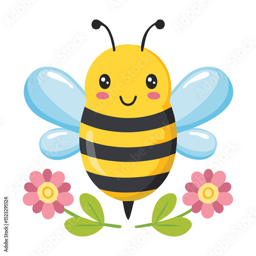 A cheerful cartoon bee buzzing around pretty flowers, radiating positivity and a vibrant spring feeling.