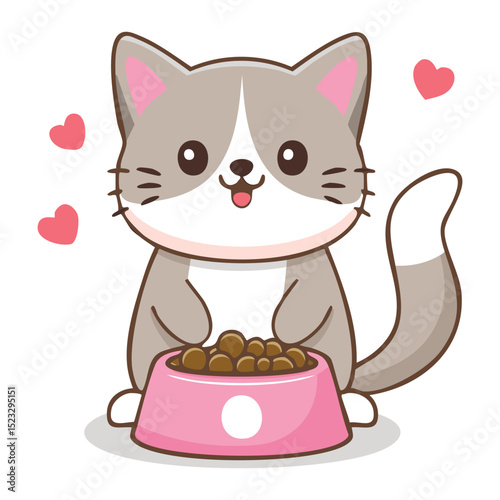 A cute cartoon cat with food bowl. With hearts hovering above her, the cat has a playful expression and has a pink bowl