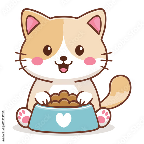 A cute cartoon kitten sitting and holding a bowl of cat food, ready to eat
