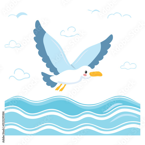 A soaring seagull against a beautiful sky and wavy sea, showcasing the wonders of nature and freedom. The cartoon seagull is drawn in mid-flight