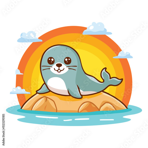 A cute Seal resting peacefully on a small island with ocean around it. The sun sets over it.
