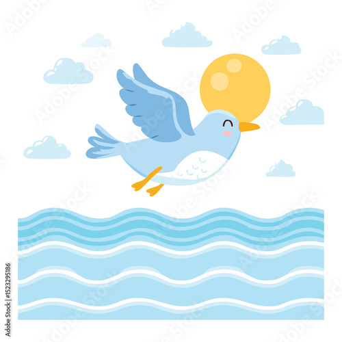A blue bird soaring gracefully in the sky over the sea. The bird is in mid-flight, wings spread, with clouds and the sun in the background