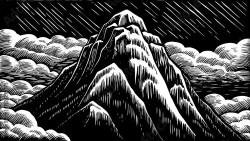 Black and white sketch vector of a rocky mountain peak with snowcaps and dramatic clouds