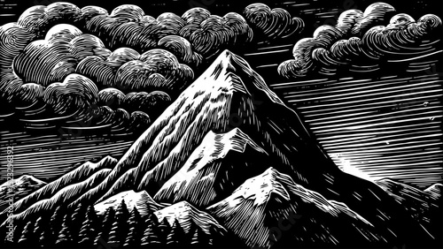 Black and white sketch vector of a rocky mountain peak with snowcaps and dramatic clouds