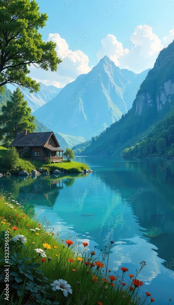 Fototapeta premium A serene lakeside scene featuring a solitary dwelling nestled amongst tranquil waters and lush greenery Perfect for illustrating peace, tranquility, and escape to nature , reflection, residence