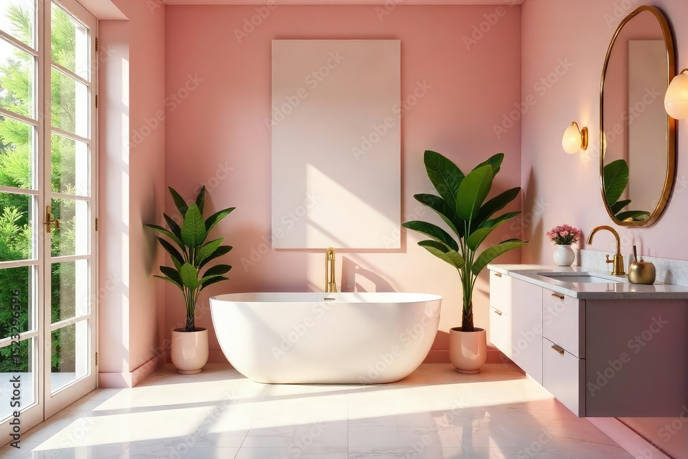 Fototapeta premium A serene pink bathroom with a freestanding tub, marble accents, and soft natural light Perfect for relaxation and spa-like ambiance Features gold fixtures and lush greenery , sink, calm, pastel