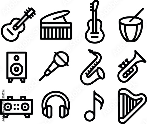 Collection of musical instrument icons vector graphics design set harp note band piano drums sound