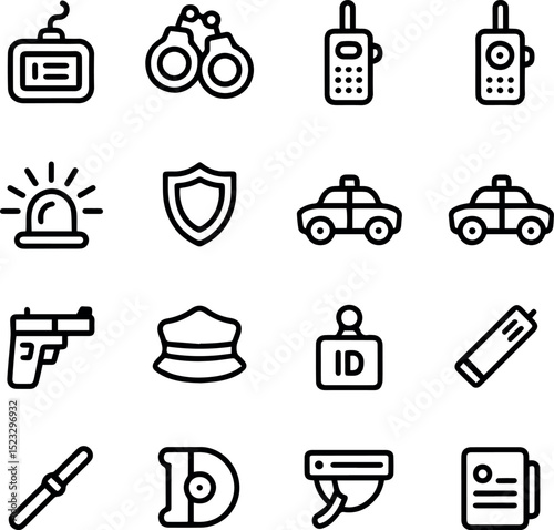 Police icons set security law enforcement symbols design id car gun hat art line crime badge radio