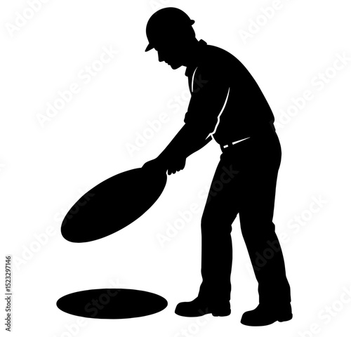 Silhouette of a Utility Worker Lifting a Manhole Cover, Standing in Profile with Protective Helmet — Urban Maintenance, Infrastructure Inspection, Safety Check, Public Service, City Utilities Control
