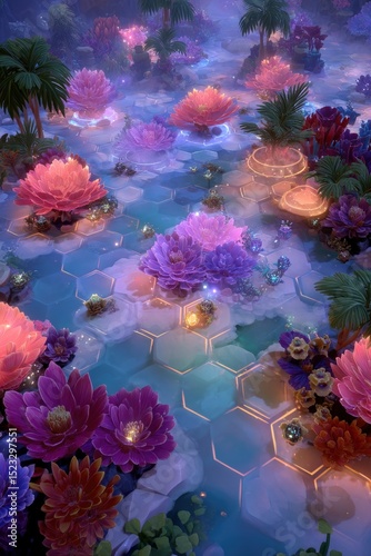 Enchanted Garden with Glowing Flowers and Hexagonal Tiles