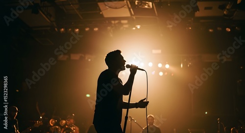 Silhouette of Singer on Stage with Microphone in Concert with Stage Lights
