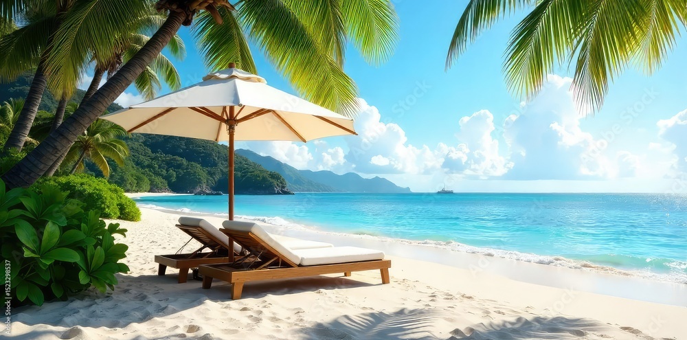 Fototapeta premium Luxury umbrella resort nestled on a pristine beach, offering ultimate relaxation and breathtaking ocean views Enjoy the shade and tropical breeze in this idyllic paradise , hotel, shack