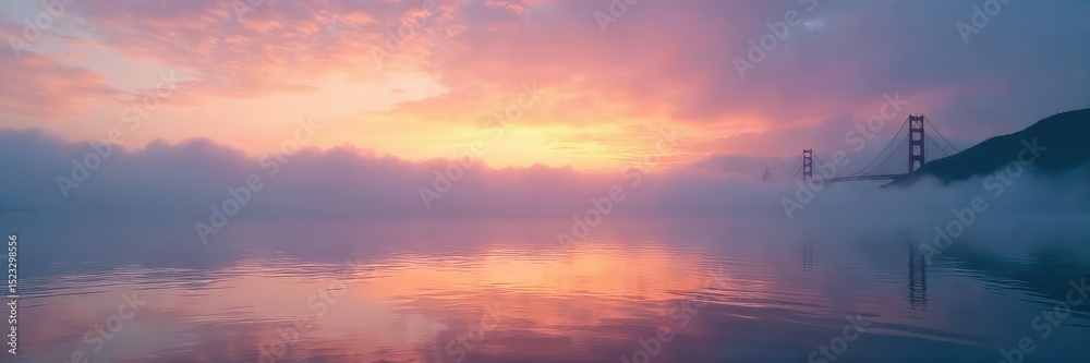 Fototapeta premium Misty morning on the San Francisco Bay, fog rolling in over calm water, dramatic sky, early light , mist, morning