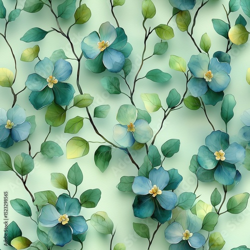 Seamless, watercolor texture, organic shades of green. This background is perfect for themes of nature, growth, and freshness, offering a smooth, fluid, and serene visual appeal for digital projects.