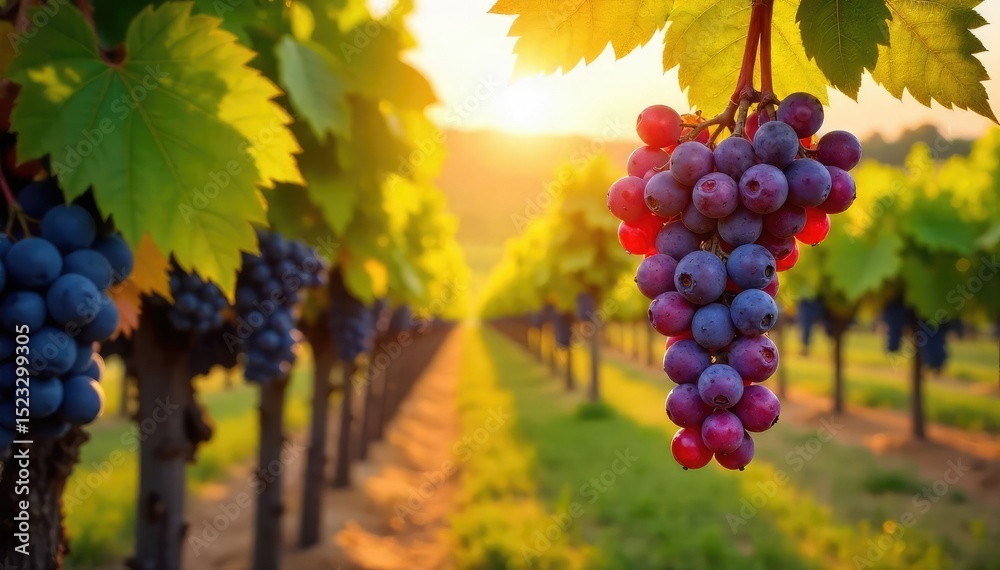 Obraz premium Sun-drenched bunches of ripe grapes hang heavy on the vine, ready for harvest A picturesque scene of autumn abundance in a vineyard Golden light bathes the landscape , fall, october, vines
