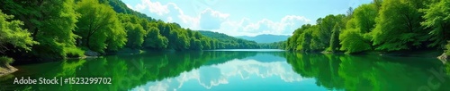 Vibrant green hues of a tranquil lake, reflecting lush surrounding vegetation and a clear blue sky Perfect for nature, travel, and environmental themes , pond, water