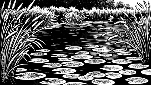 Black and white sketch vector of a peaceful pond with lily pads and reeds surrounding the water