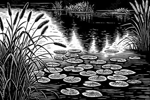 Black and white sketch vector of a peaceful pond with lily pads and reeds surrounding the water