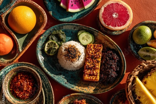 Exotic Dish with Tofu, Rice and Fresh Fruit