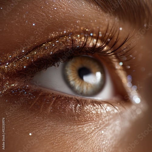 Eye with golden glitter makeup, close-up
