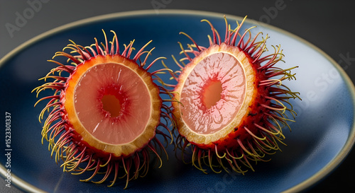 Halved rambutan displays white flesh and dark seed. Exotic Asian fruit on clean surface. Concept: Asian market, tropical imports, specialty food store.