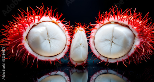 Close-up of exotic rambutan fruit cut to reveal white flesh. Vibrant red spiky exterior contrasts with translucent interior. Tropical fruit concept, Asian grocery, specialty foods