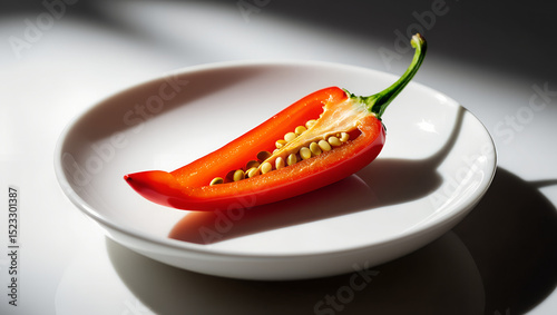 Macro shot of halved red chili pepper showing seeds. Vivid color and detailed texture capture spicy ingredient. Culinary spices concept, food photography, recipe development