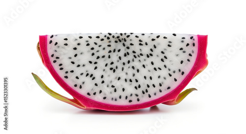 Dragon fruit slice showcasing pink flesh and black seeds. Striking cross-section reveals natural pattern on white background. Superfood concept, healthy eating, juice bar
