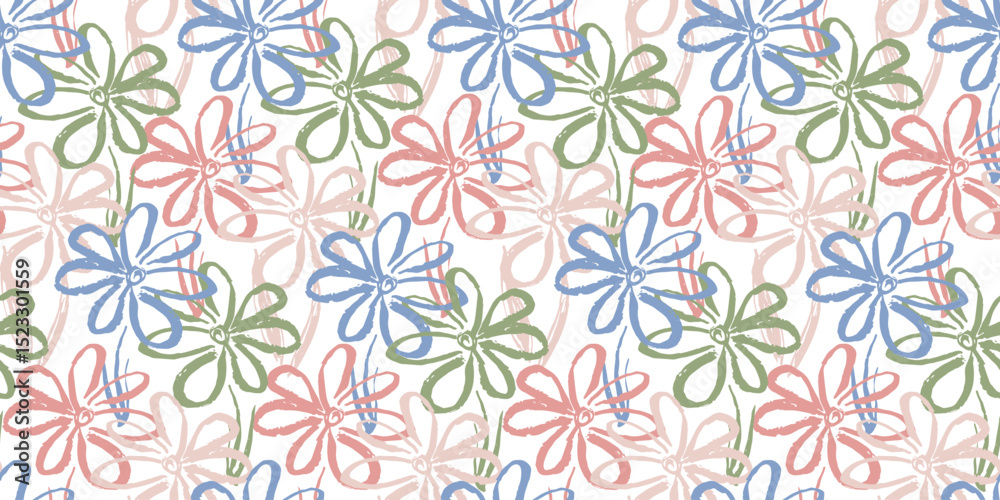 Light colors seamless pattern with green, blue, red colors hand drawn bold brush stroke textured chamomile flowers. Cute summer floral print for textile, wrapping paper, cover, surface, wallpaper Light colors seamless pattern with green, blue, red colors hand drawn bold brush stroke textured chamomile flowers. Cute summer floral print for textile, wrapping paper, cover, surface, wallpaper