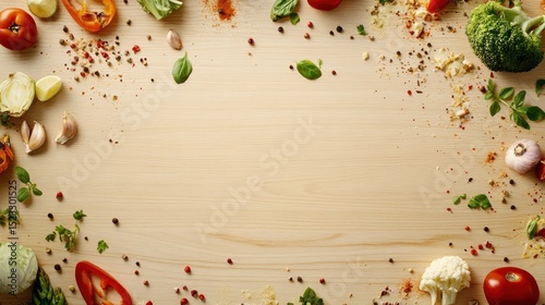 Colorful, fresh produce and spices arranged in a frame on a light wooden surface