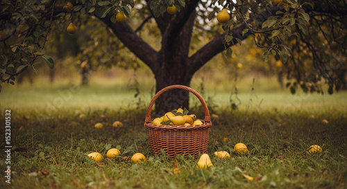 Ripe pears nestled in wicker basket beneath tree creates pastoral scene. Perfect for harvest season imagery. Concept: orchard, farm stand, artisanal market.