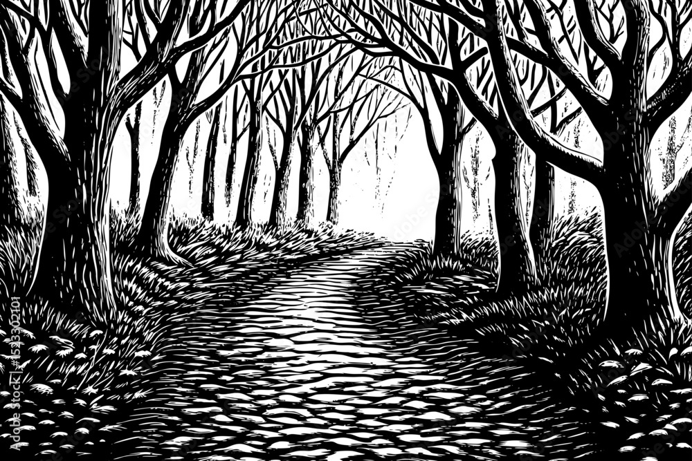 Black and white sketch vector of a foggy forest path with bare trees and fallen leaves