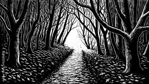Black and white sketch vector of a foggy forest path with bare trees and fallen leaves