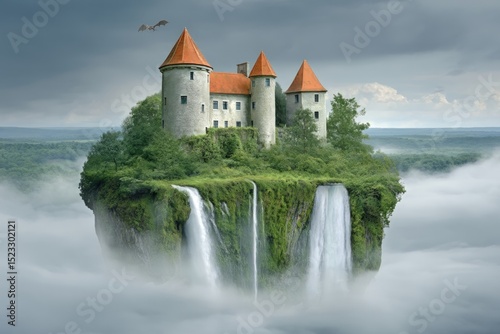 Fantasy Castle Waterfall Landscape