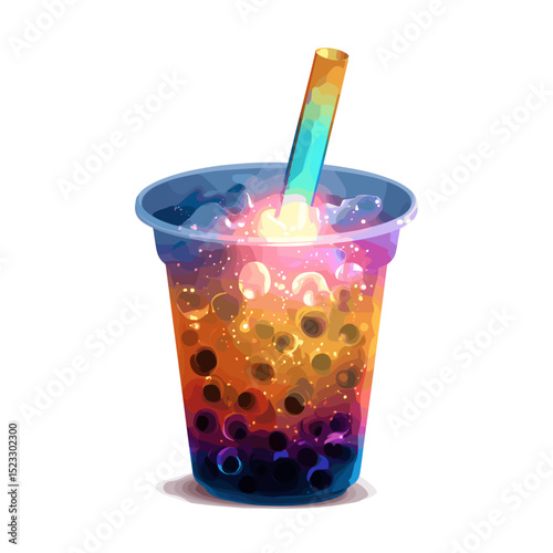 Stylized vector of a bubble tea cup with glowing straw and colorful sparkling drink
