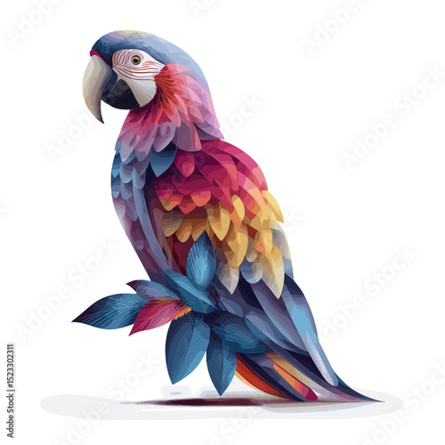Stylized vector of a parrot with vibrant feathers and decorative leaves on transparent background.

