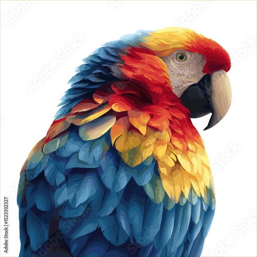 Stylized vector of a parrot with exotic feathers in vibrant blue, red, and yellow colors
