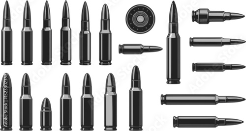 Set of Illustrations of bullets and cartridges in vintage monochrome style. Design element for logo, label, sign, emblem, poster. Vector illustration	