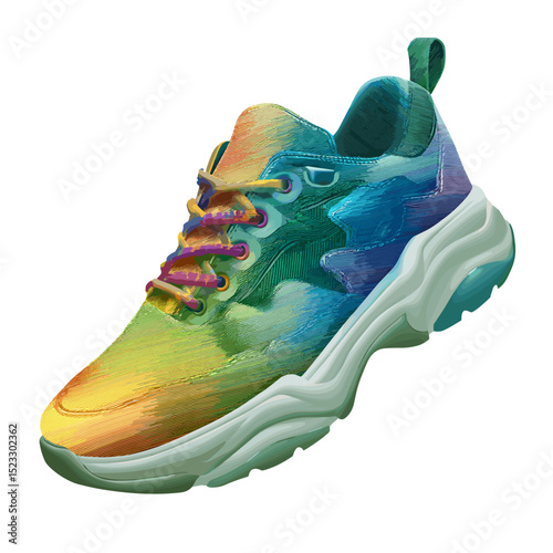 Stylized vector of a streetwear sneaker with neon gradient colors isolated on transparent background.

